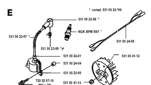 Ignition System Diagram and Parts List for 125E  Husqvarna Edger