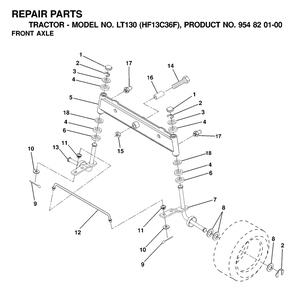 Front Axle Diagram and Parts List for LT130 (954820100-F)(2000-03) Husqvarna Lawn Tractor