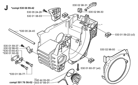 Crankcase Diagram and Parts List for 141 20013500001-20030100000 Husqvarna Chainsaw
