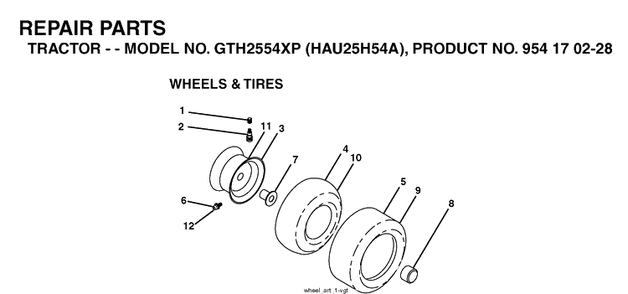 Wheels And Tires Diagram and Parts List for GTH2554XP (HAU25H54A)(2004-09) Husqvarna Lawn Tractor