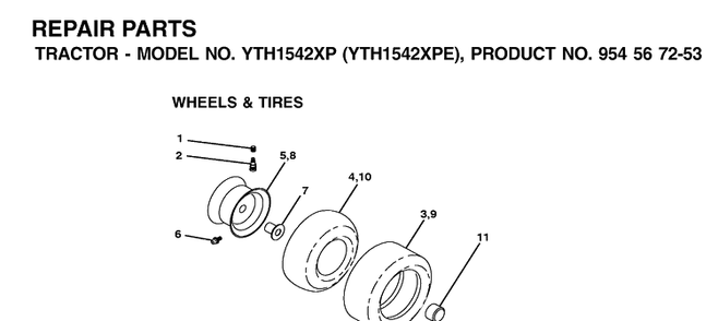 Wheels And Tires Diagram and Parts List for YTH1542XP (954567253)(2002-02) Husqvarna Lawn Tractor