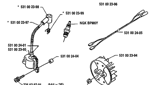 Ignition/Flywheel Diagram and Parts List for 125L 1992-01 Husqvarna Trimmer