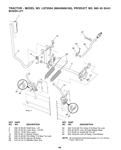 Mower Lift / Deck Lift Diagram and Parts List for LGT2554 2008-12 Husqvarna Lawn Tractor