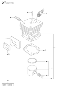 Cylinder Piston Diagram and Parts List for 353  Husqvarna Chainsaw