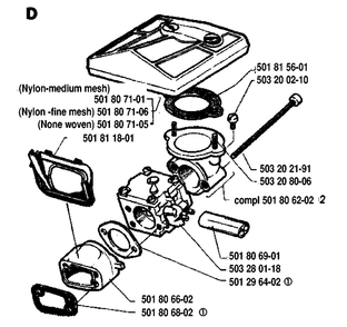 Carburetor And Air Filter Diagram and Parts List for 288 19933600001-19974900000 Husqvarna Chainsaw