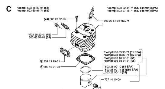 Cylinder Piston Diagram and Parts List for 55 20001900001-Current Husqvarna Chainsaw