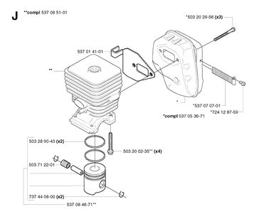 Cylinder Piston Diagram and Parts List for 326P 20021800001-20042300000 Husqvarna Pole Saw