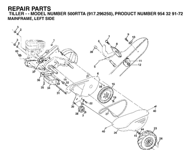 Mainframe, Left Side Diagram and Parts List for 500RTTA (917296250)(2003-04) Husqvarna Cultivator