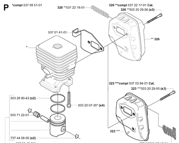 Cylinder Piston Diagram and Parts List for 326LX 20061400001-20070100000 Husqvarna Edger