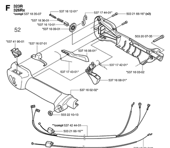 Handle And Controls Diagram and Parts List for 323R 20070100001-20144900000 Husqvarna Brush Cutter