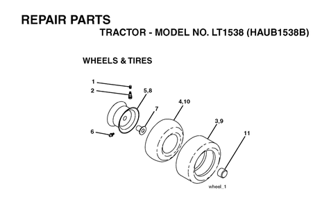 Wheels And Tires Diagram and Parts List for LT1538 (954170085-B)(2004-01) Husqvarna Lawn Tractor