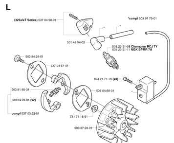 Ignition System And Clutch Diagram and Parts List for 325RDX 20020100001-20051800000 Husqvarna Brush Cutter