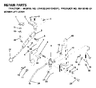 Mower Lift / Deck Lift Diagram and Parts List for LTH130 (HE13H36F, 954820001)(1998-12) Husqvarna Lawn Tractor