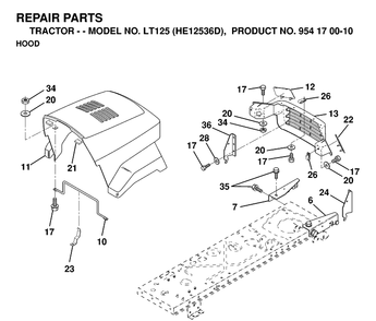 Hood Diagram and Parts List for LT125 (HE12536D)(1998-12) Husqvarna Lawn Tractor
