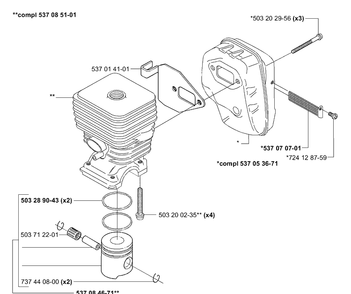 Piston / Cylinder / Muffler Diagram and Parts List for 322L 2001-01 Husqvarna Trimmer