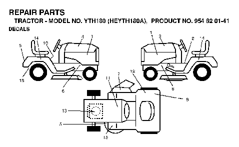 Decals Diagram and Parts List for YTH180 (HEYTH180A, 954820141)(1998-12) Husqvarna Lawn Tractor