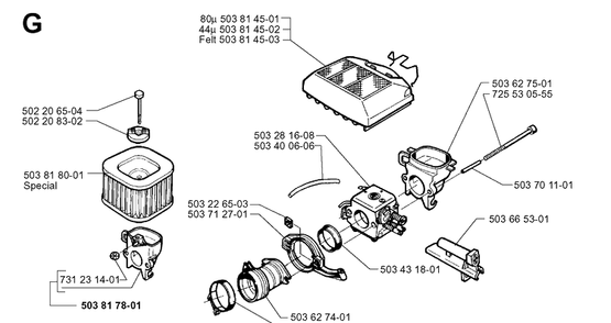 Carburetor And Air Filter Diagram and Parts List for 371XP 19963500001-19974900000 Husqvarna Chainsaw
