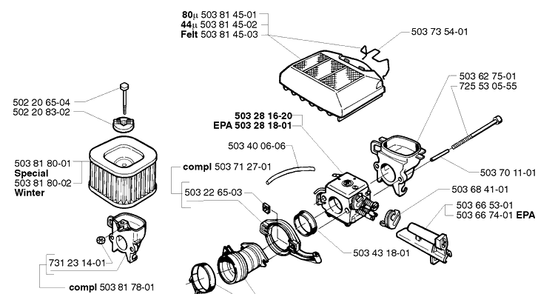 Air Filter/Carburetor Diagram and Parts List for 362EPA 1999-05 Husqvarna Chainsaw