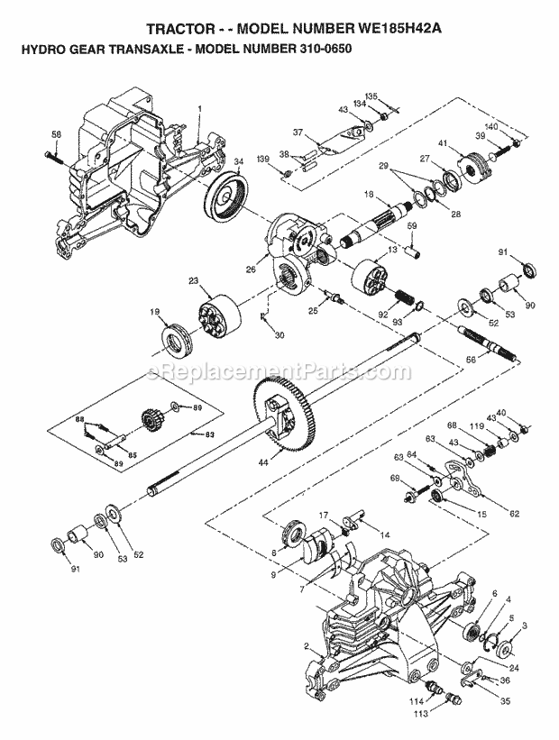 Hydro Gear Transaxle Diagram and Parts List for WE185H42A 1997 Husqvarna Lawn Tractor