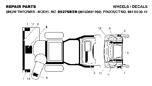 Decals Diagram and Parts List for 9527SBEB (96193001200, 961930012)(2005-12) Husqvarna Snow Blower