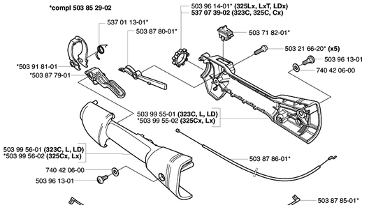 Throttle (322 L, 323c, 323 L/Ld, 325 C/Cx, 325 L/Lx/Lxt/Ldx, 325 Rjx) Diagram and Parts List for 322L 2002-01 Husqvarna Trimmer