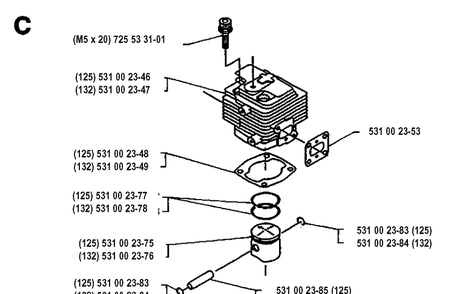 Cylinder Piston Diagram and Parts List for 125RB 19931400001-Current Husqvarna Brush Cutter