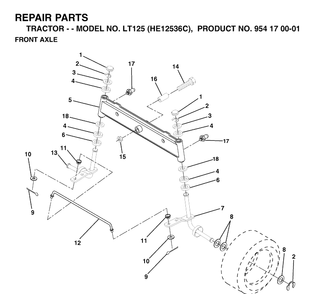 Front Axle Diagram and Parts List for LT125 (HE12536C)(1998-03) Husqvarna Lawn Tractor