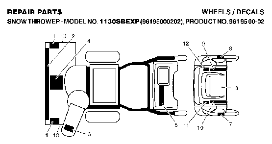 Decals Diagram and Parts List for 1130SBEXP (96195000202, 961950002)(2006-10) Husqvarna Snow Blower