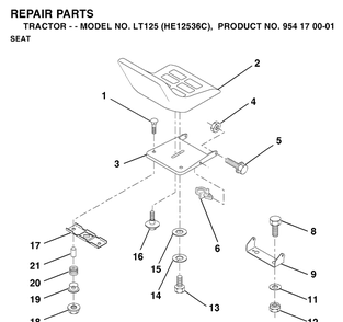 Seat Diagram and Parts List for LT125 (HE12536C)(1996-01) Husqvarna Lawn Tractor