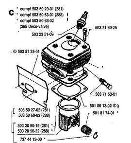 Cylinder Piston Diagram and Parts List for 288 19933600001-19974900000 Husqvarna Chainsaw