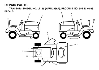 Decals Diagram and Parts List for LT125 (954170088-A)(2003-01) Husqvarna Lawn Tractor