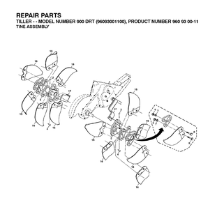 Tine Assembly Diagram and Parts List for DRT900 (96093001101)(2010-10) Husqvarna Cultivator
