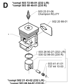 Cylinder Piston Diagram and Parts List for 232L 19980100001-20001400000 Husqvarna Edger