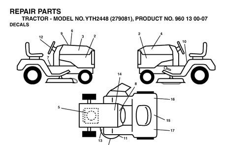 Decals Diagram and Parts List for YTH2448-279081 2005-08 Husqvarna Lawn Tractor