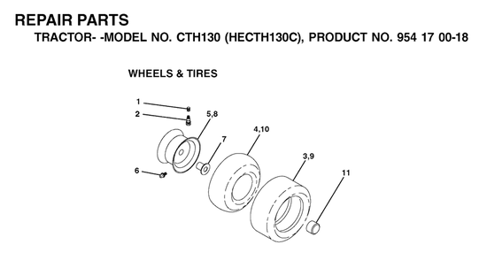 Wheels And Tires Diagram and Parts List for CTH130 (954170018-C)(2001-02) Husqvarna Lawn Tractor