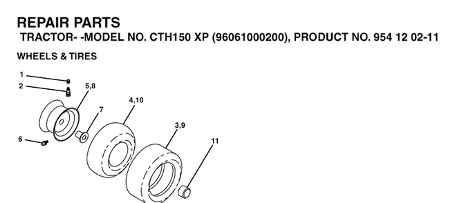 Wheels And Tires Diagram and Parts List for CTH150XP (96061000200)(2005-01) Husqvarna Lawn Tractor