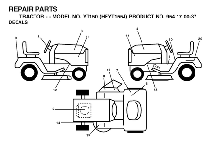 Decals Diagram and Parts List for YT150 (954170037-J)(2001-09) Husqvarna Lawn Tractor