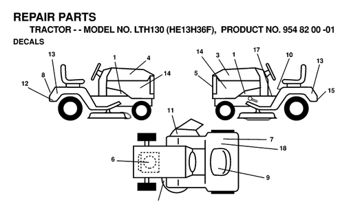 Decals Diagram and Parts List for LTH130 (HE13H36F)(1998-12) Husqvarna Lawn Tractor