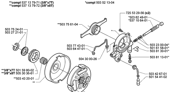 Clutch/Drum And Oil Pump Diagram and Parts List for 385 2005-03 Husqvarna Chainsaw