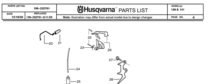 Fuel System Diagram and Parts List for 136 20040100001-Current Husqvarna Chainsaw