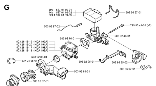 Carburetor And Air Filter Diagram and Parts List for 357XP 20041800001-20050600000 Husqvarna Chainsaw