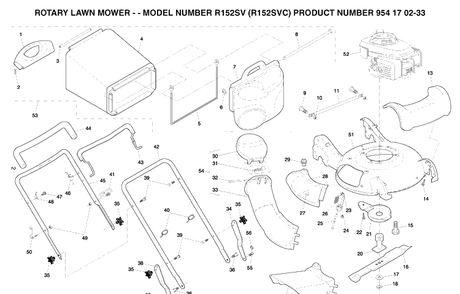 Frame And Engine Diagram and Parts List for R152-R152SVC 2004-10 Husqvarna Lawn Mower