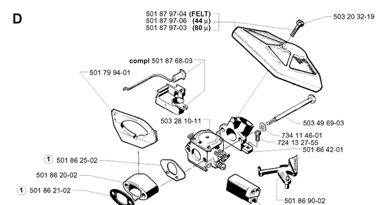 Carburetor And Air Filter Diagram and Parts List for 254 20013500001-Current Husqvarna Chainsaw