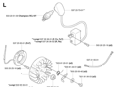 Ignition System Diagram and Parts List for 343R 20031800001-20043100000 Husqvarna Brush Cutter