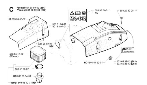 Air Filter Cover Diagram and Parts List for 288 20014000001-Current Husqvarna Chainsaw