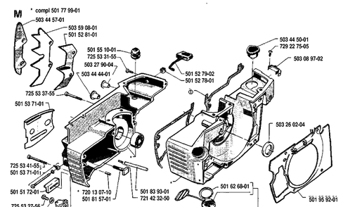 Crankcase Diagram and Parts List for 268 19910500001-19933600000 Husqvarna Chainsaw