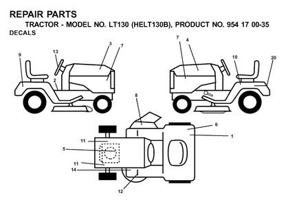 Decals Diagram and Parts List for LT130 (954170035-B)(2001-03) Husqvarna Lawn Tractor