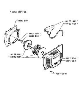 Starter Assembly Diagram and Parts List for 250RX 1989-08 Husqvarna Brush Cutter