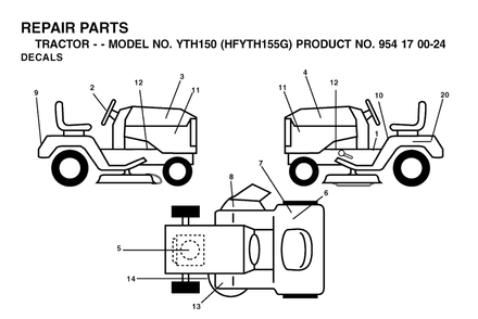 Decals Diagram and Parts List for YTH150 (954170024-G)(2001-01) Husqvarna Lawn Tractor
