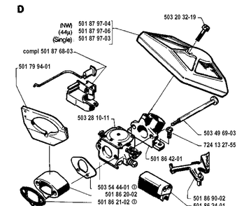 Carburetor And Air Filter Diagram and Parts List for 254 19942300001-19960100000 Husqvarna Chainsaw